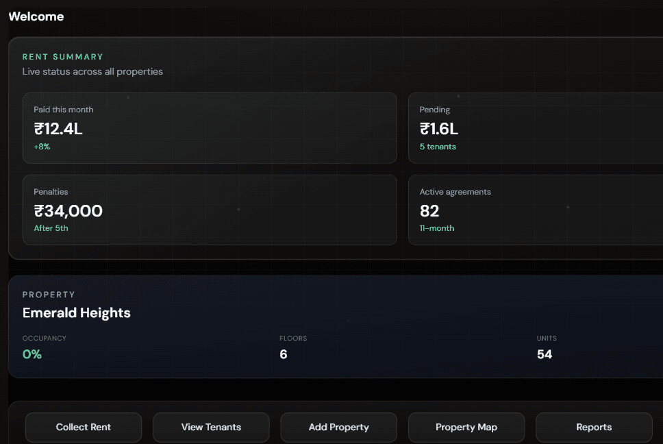 Virtual Property Master demo dashboard, showing the rent summary and Emerald Heights property view